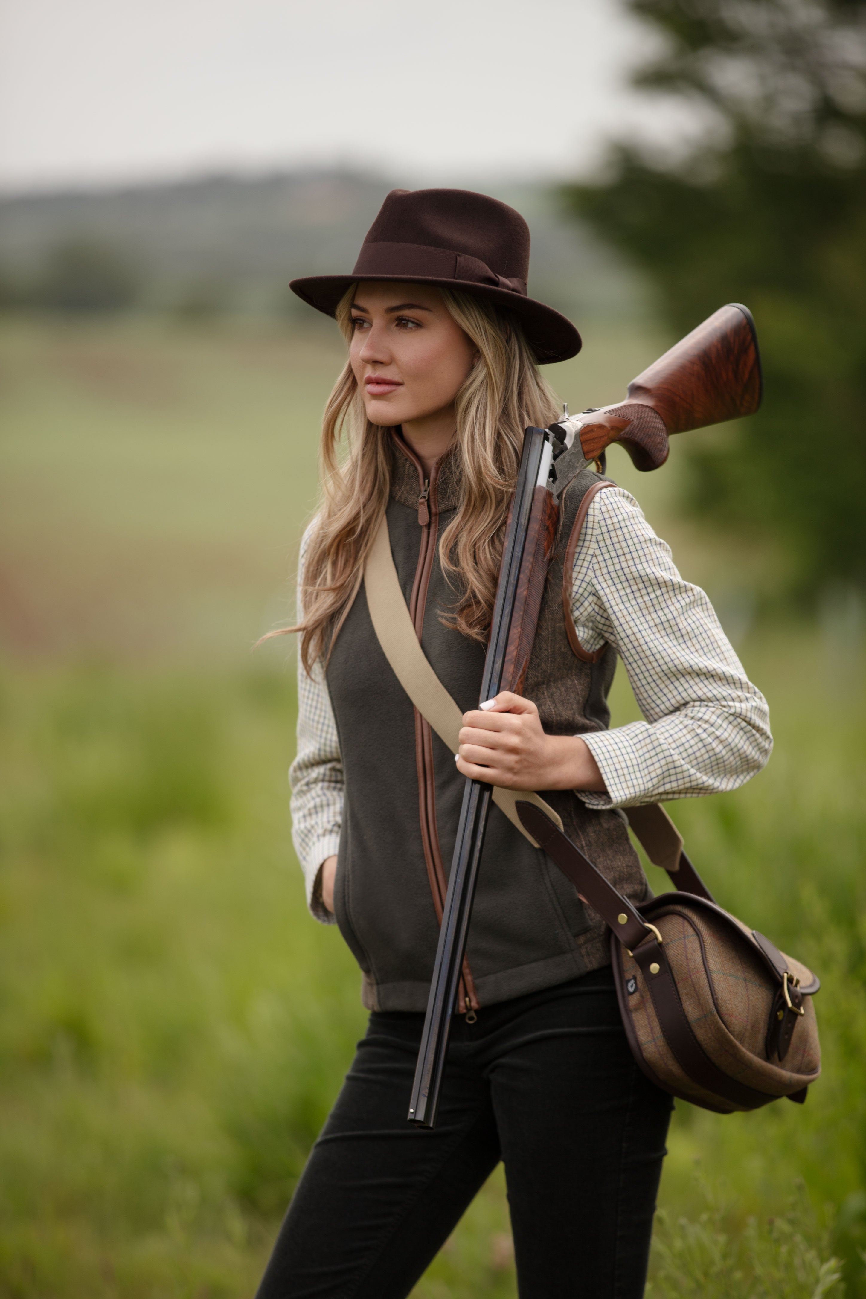 Ladies Tweed Gilet - Forest Green