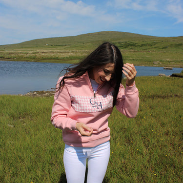 Ladies Quarter Zip - Baby Pink Houndstooth