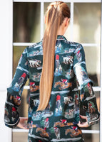 Back view of The Hunt pyjama shirt, showing the countryside horse and hound print.