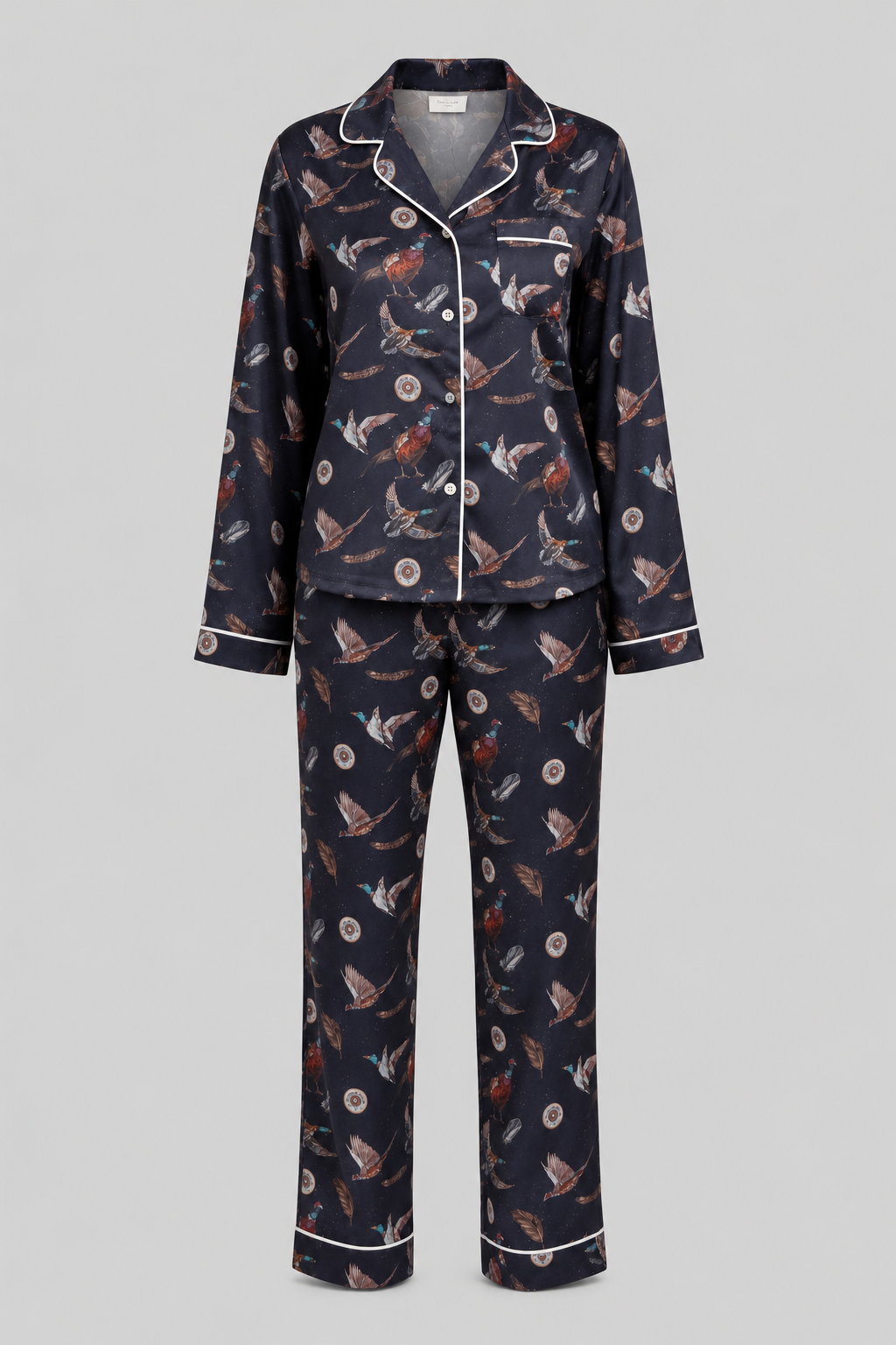 Women’s ink navy Wildfowl long pyjama set with bird print, white piping and full-length trousers