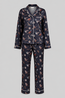 Women’s ink navy Wildfowl long pyjama set with bird print, white piping and full-length trousers