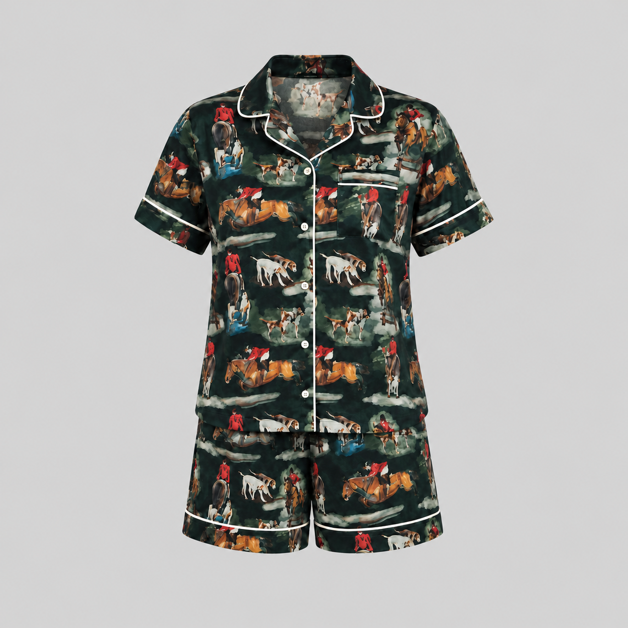 The Hunt women’s satin pyjama set with horse and hound print, white piping and shorts.