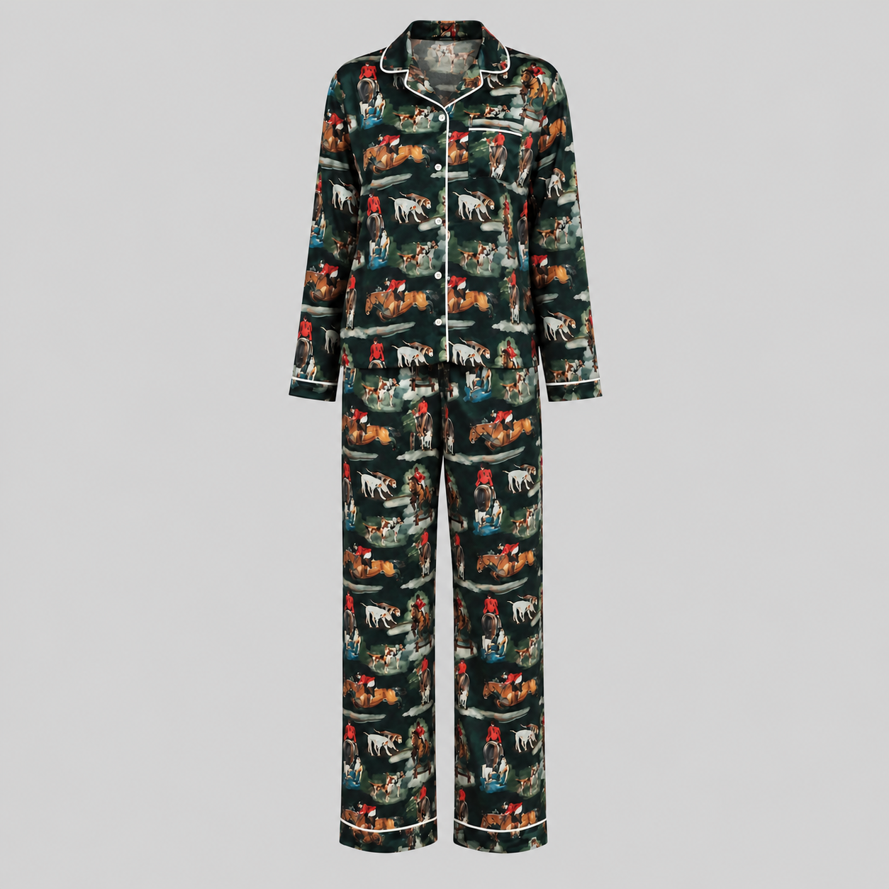  The Hunt women’s satin pyjama set with horse and hound print, white piping and full-length trousers.