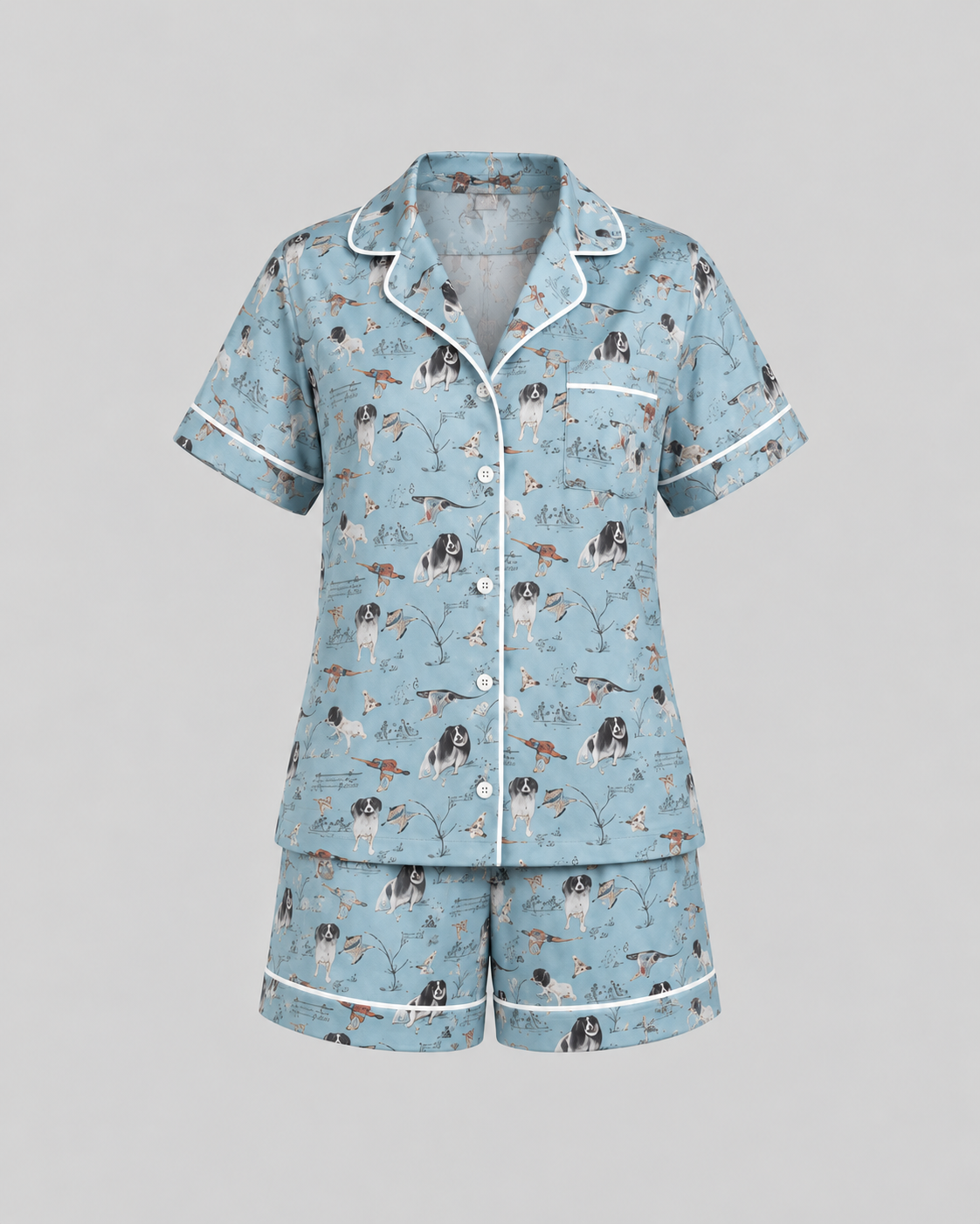 Women’s powder blue Spaniel print short pyjama set with white piping, button shirt and matching shorts