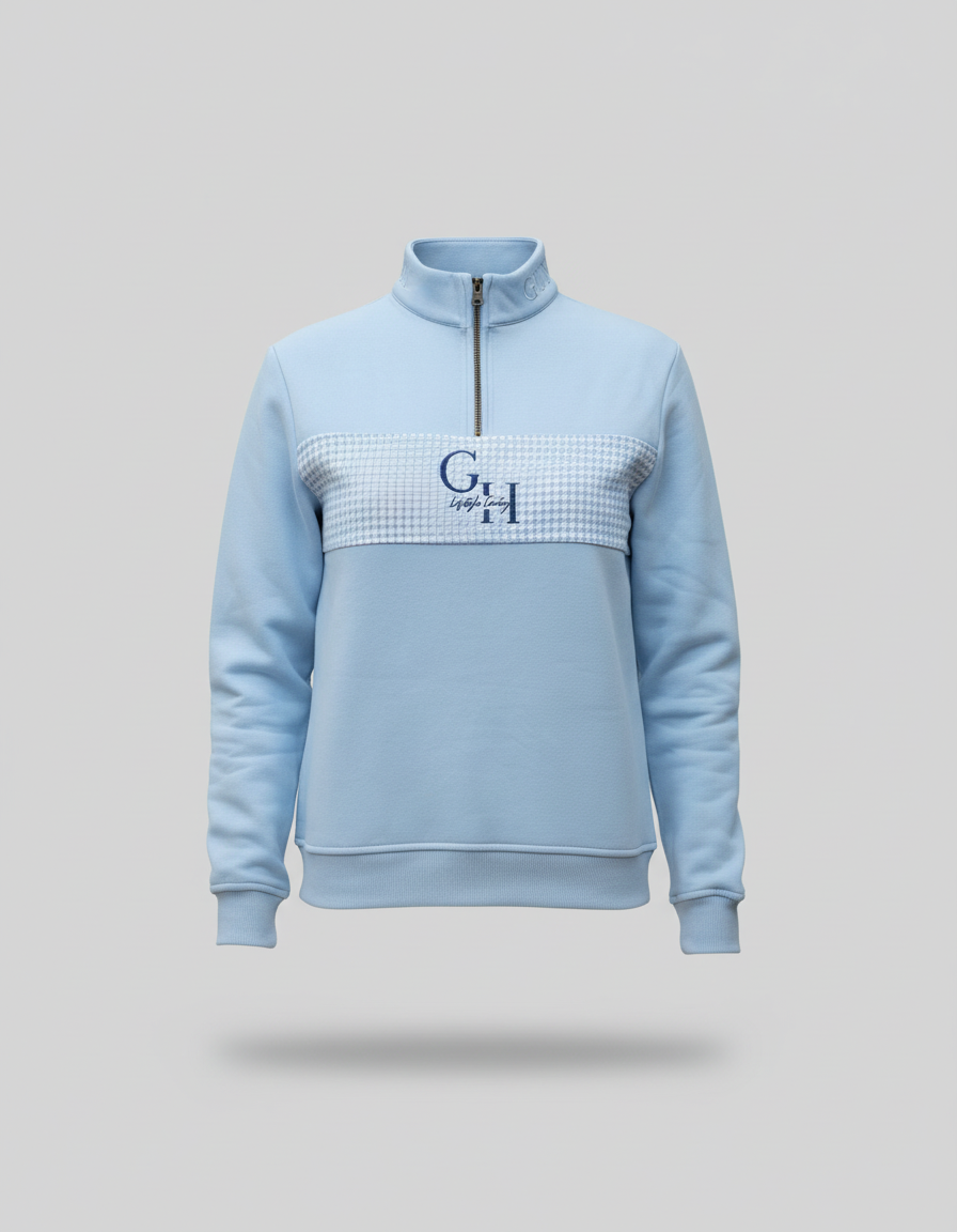 Ladies Quarter Zip - Baby Blue Houndstooth